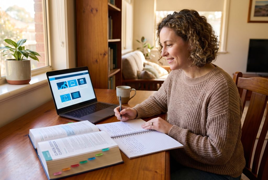 A student studying clinical coding online with a laptop and a coding reference book
